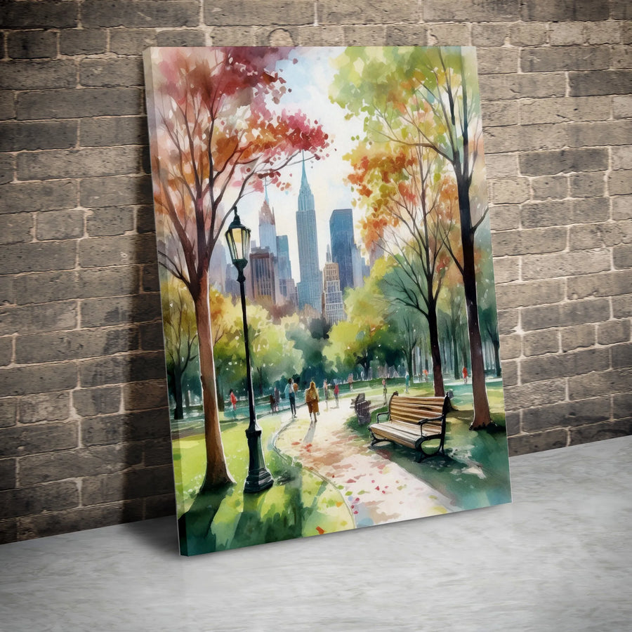 Autumn in New York Canvas Wall Art | Watercolor Central Park Cityscape Painting | Premium 1.25" Thick Gallery Canvas | Collector's Living Room Decor Gift