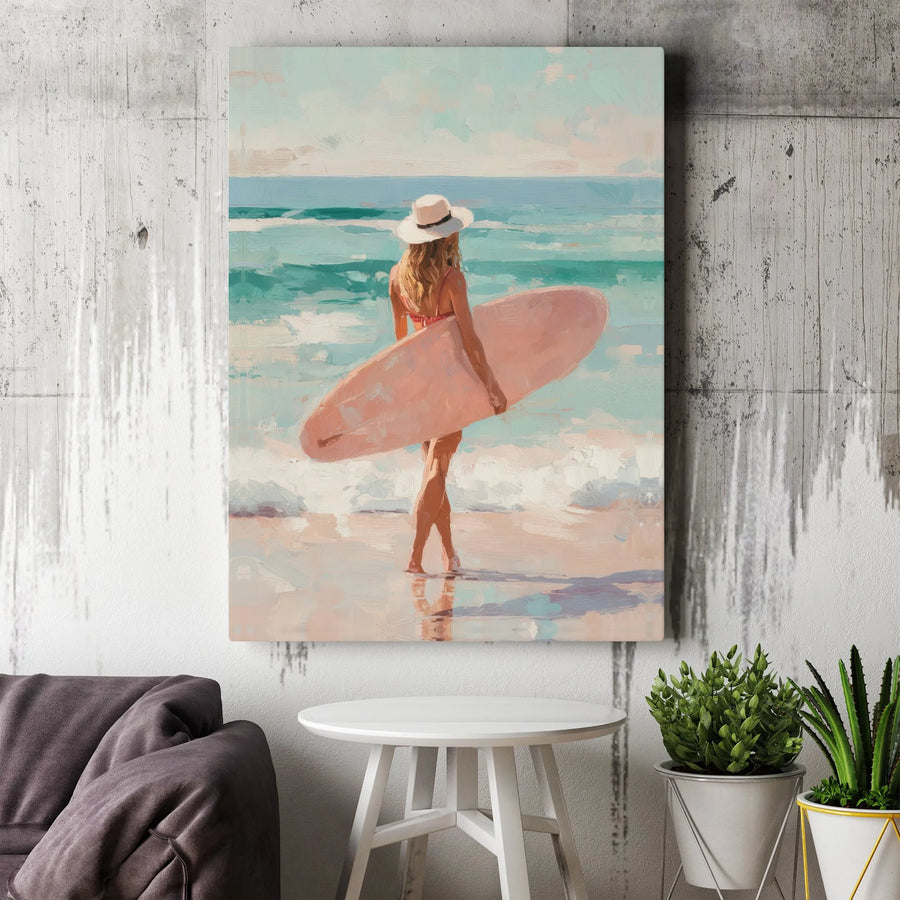 Surfer Girl Canvas Print | Impressionist Beach Painting Wall Art | Premium Thick Gallery Wrap | Coastal Home Decor Gift for Ocean Lovers