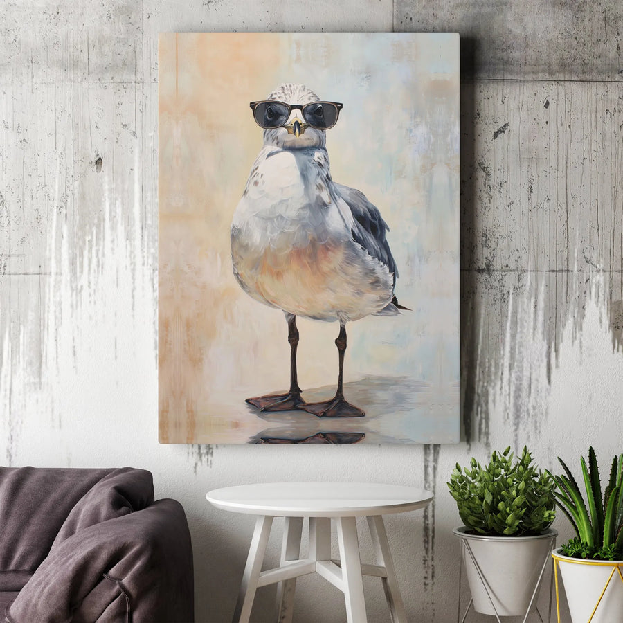 Funny Seagull Canvas Art | Bird with Sunglasses Painting | Premium Thick Gallery Wrap | Unique Coastal Beach House Decor Gift