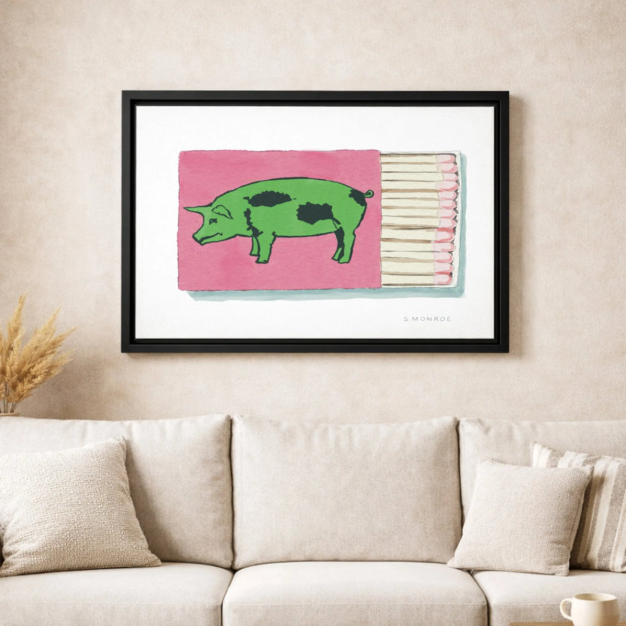 Green Pig Matchbox Canvas Wall Art | Whimsical Pop Art Illustration | Gallery-Quality Fade-Resistant Print | Unique Kitchen or Office Decor Gift