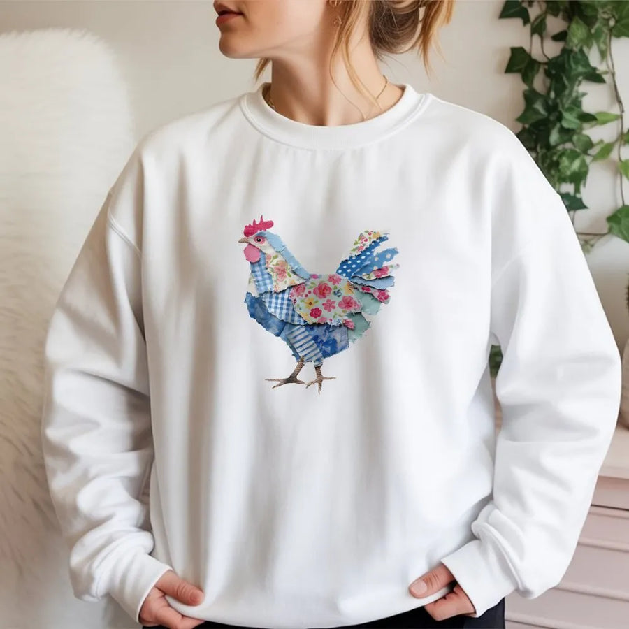 Farmhouse Chicken Sweatshirt | Rustic Faux Patchwork Hen Graphic | Soft Cotton Blend Pullover | Country Style Easter Gift for Women