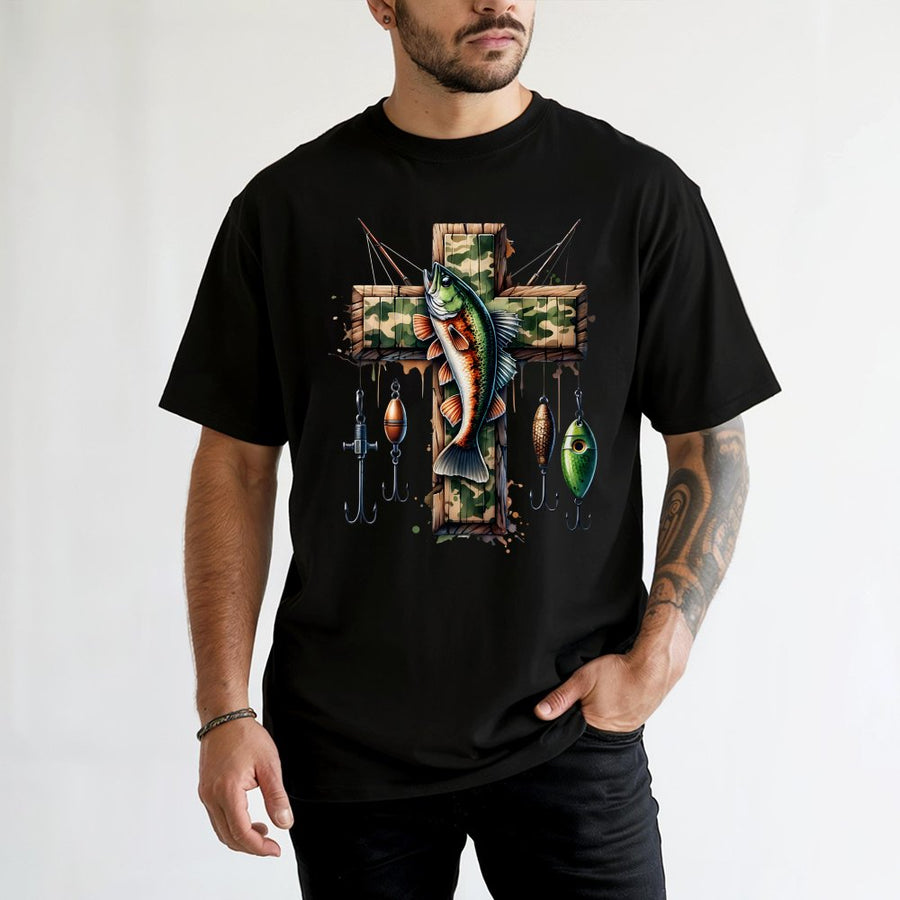Fishing Cross T-Shirt | Camo Wood Religious Bass Fish Design | Premium 100% Cotton | Faith Based Gift for Fisherman and Dad