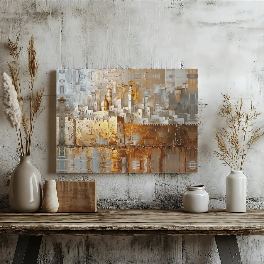 Jerusalem Old City Skyline Canvas Art | Abstract Textured Gold and Silver Oil Style | Premium 1.25 Inch Gallery Wrap | Holy Land Home Decor Wall Print