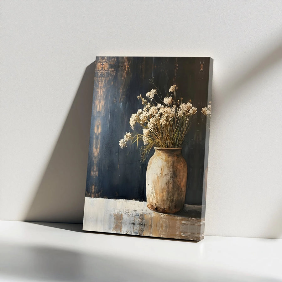 Rustic Still Life Canvas Wall Art | White Wildflowers In Clay Vase | Premium Gallery Wrap Print | Farmhouse Home Decor Gift