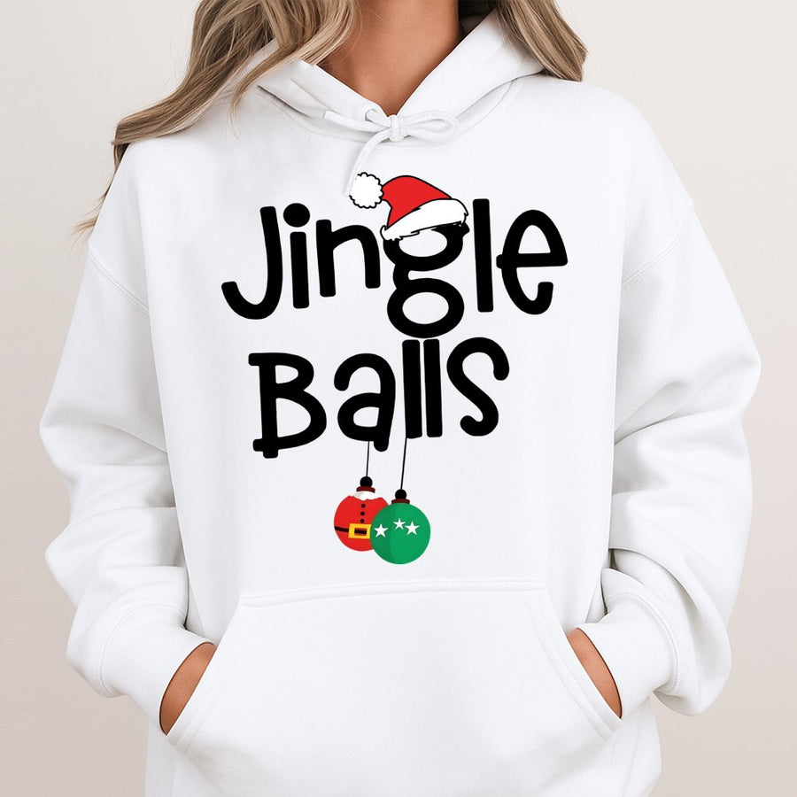 Jingle Balls Funny Christmas Hoodie | Festive Adult Holiday Humor Graphic Sweatshirt | Soft Cotton-Blend Premium Quality | Gag Gift for Men and Women