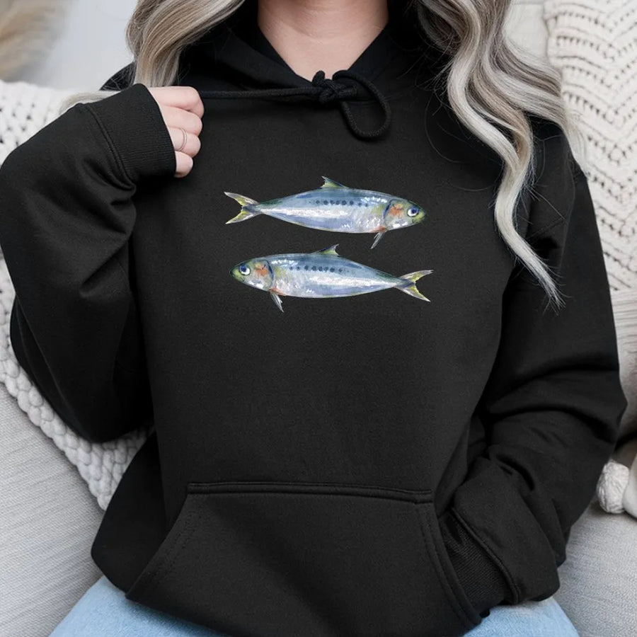 Sardine Graphic Hoodie | Coastal Aesthetic Watercolor Fish Art | Premium Cotton-Blend Pullover | Ocean Lover Foodie Gift