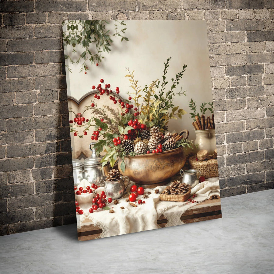 Rustic Christmas Wall Art | Winter Pine Cone and Berry Still Life | Premium Gallery Wrap Canvas | Festive Farmhouse Holiday Home Decor