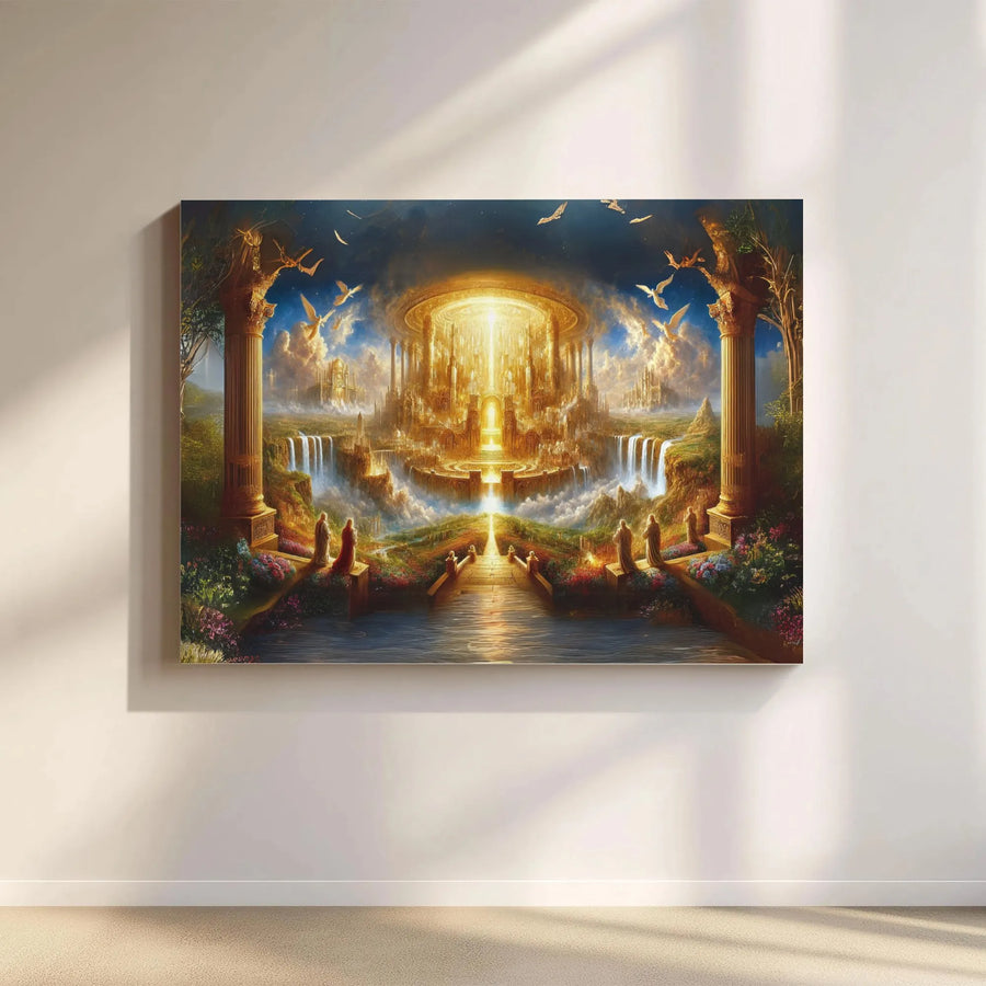 Heavenly Kingdom Canvas Art | Mythical Golden City Landscape | Premium Gallery Wrapped Canvas | Spiritual Wall Decor Gift