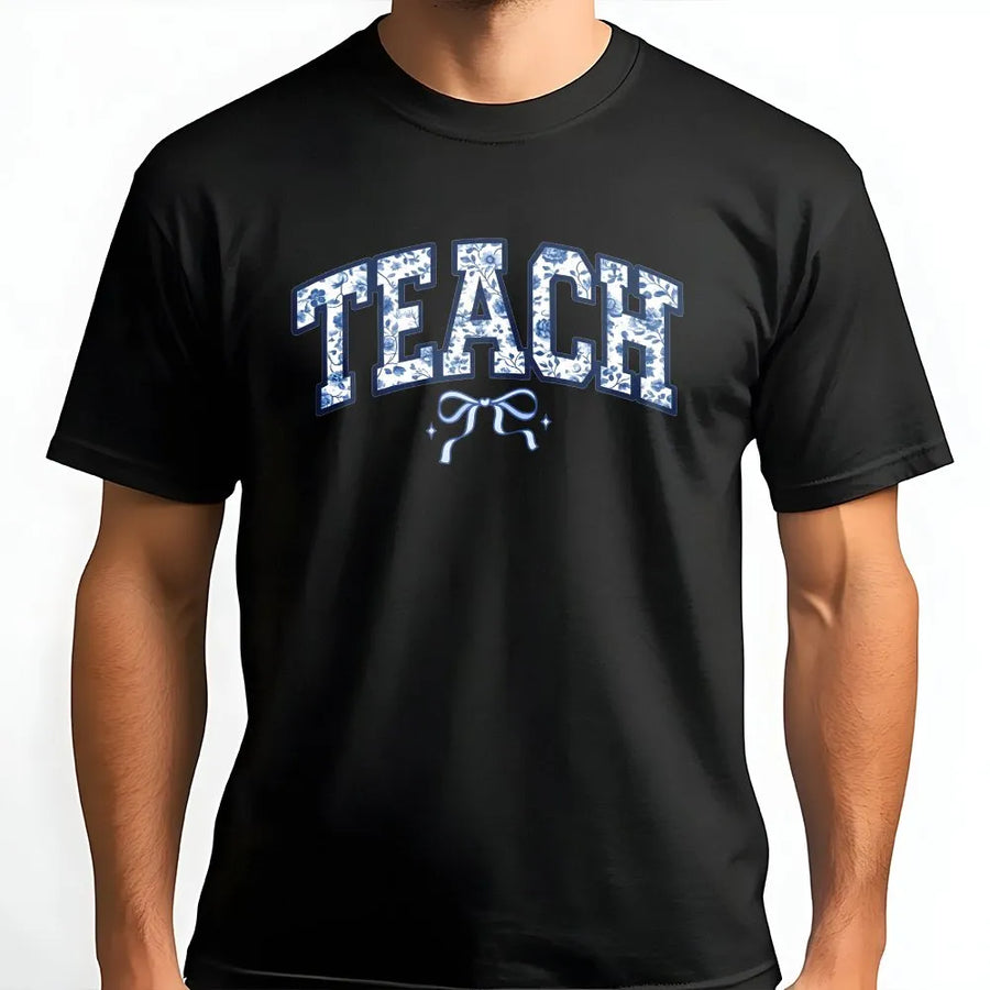 Floral Teacher T-Shirt | Blue Varsity 'Teach' Print Design | Soft Cotton Tee | Back To School Outfit & Teacher Appreciation Gift