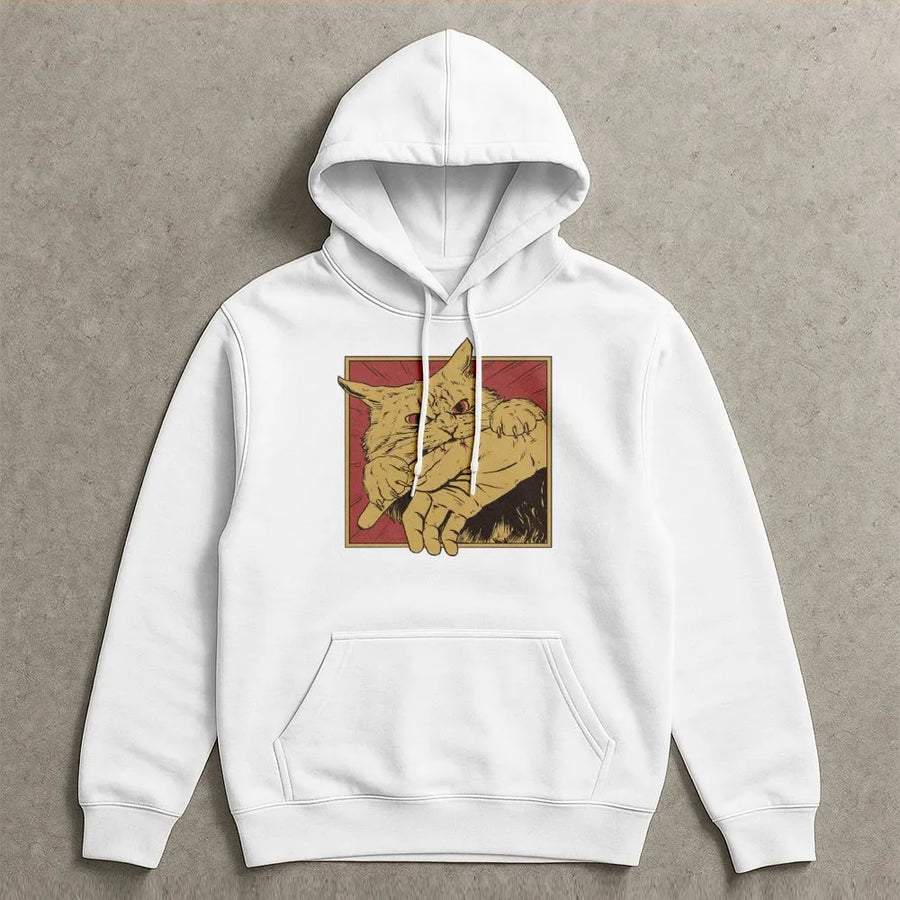 Angry Cat Biting Hand Hoodie | Retro Horror Graphic Pullover | Premium Cotton Blend Sweatshirt | Unique Gift for Cat Lovers & Edgy Fashion