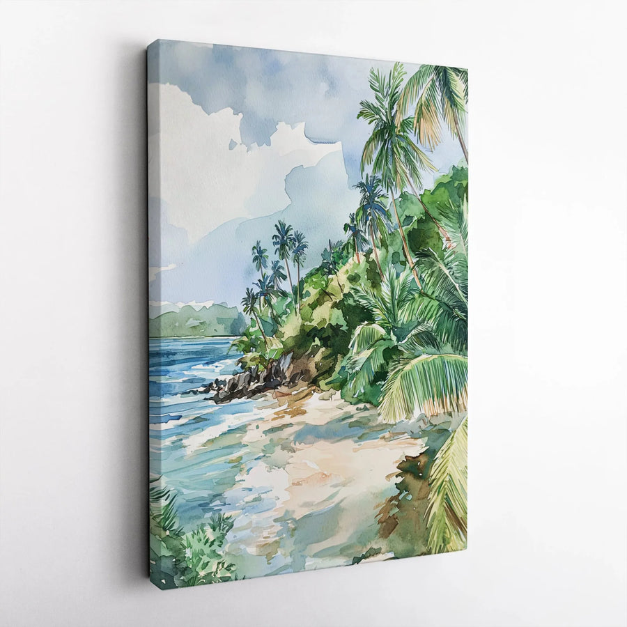 Tropical Beach Canvas Print | Watercolor Palm Trees Ocean Landscape | Premium Gallery Wrapped Art | Coastal Home Decor for Living Room