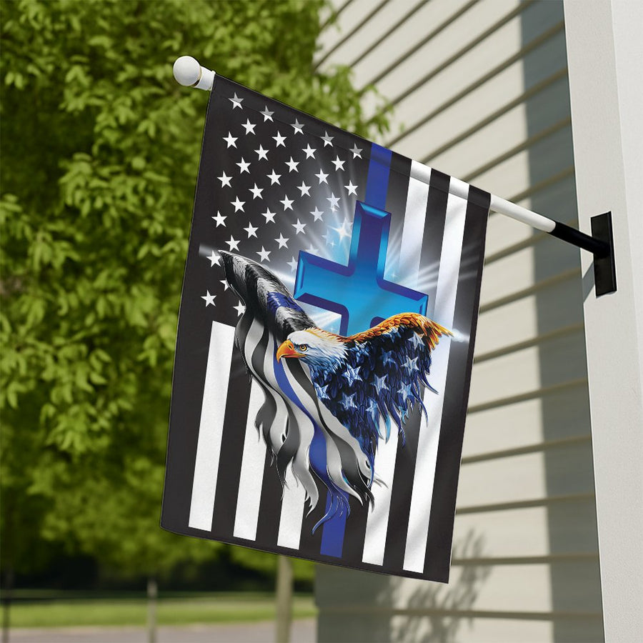 Thin Blue Line American Flag Garden Flag | Eagle With Cross Patriotic Art | Weather-Resistant Polyester Decor | Gift For Law Enforcement Families