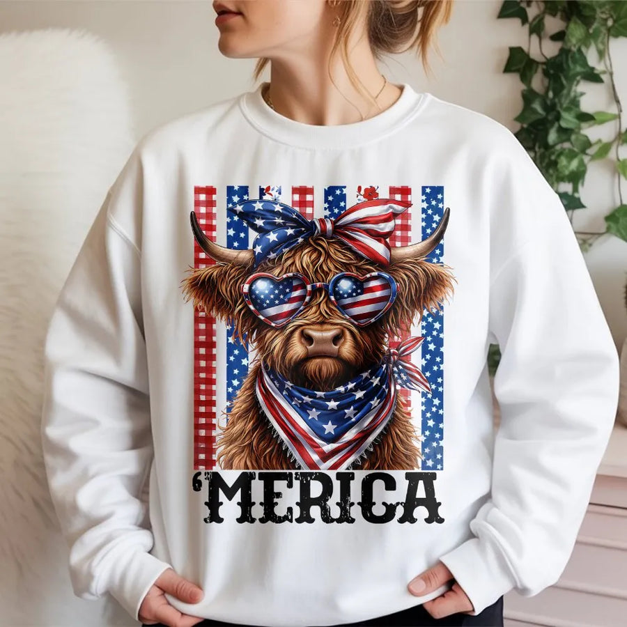 Highland Cow 4th of July Sweatshirt | Funny Merica Cow with Flag Glasses | Soft Cotton Tee | Independence Day Patriotic Gift for Men Women