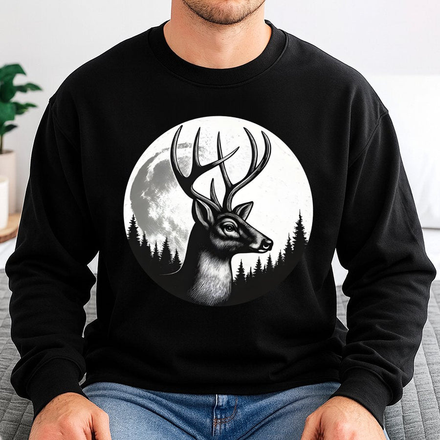 Deer Antler Sweatshirt | Full Moon Forest Graphic Print | Premium Cotton Blend Crewneck | Outdoor Nature Lover Gift for Men and Women