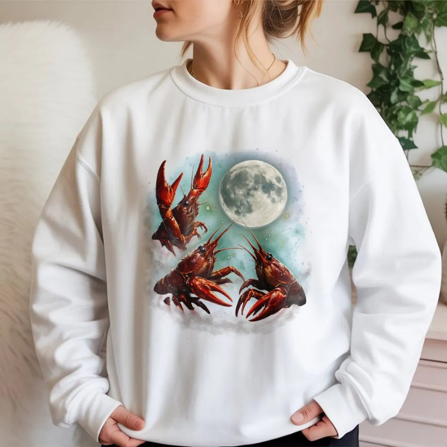 Crawfish Moon Sweatshirt | Surreal Lobster Full Moon Graphic | Cozy Cotton Blend Pullover | Gift for Seafood Lover