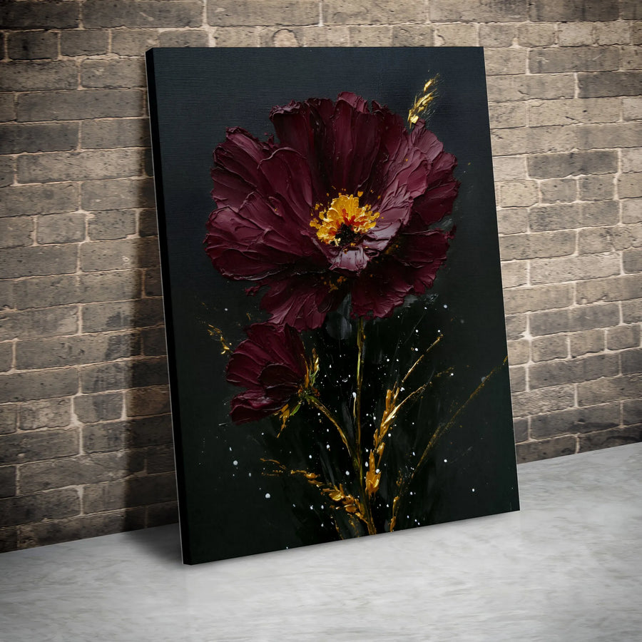 Burgundy Floral Canvas Wall Art | 3D Textured Flower with Gold Accents | Premium Gallery Wrapped Canvas | Modern Botanical Art for Living Room