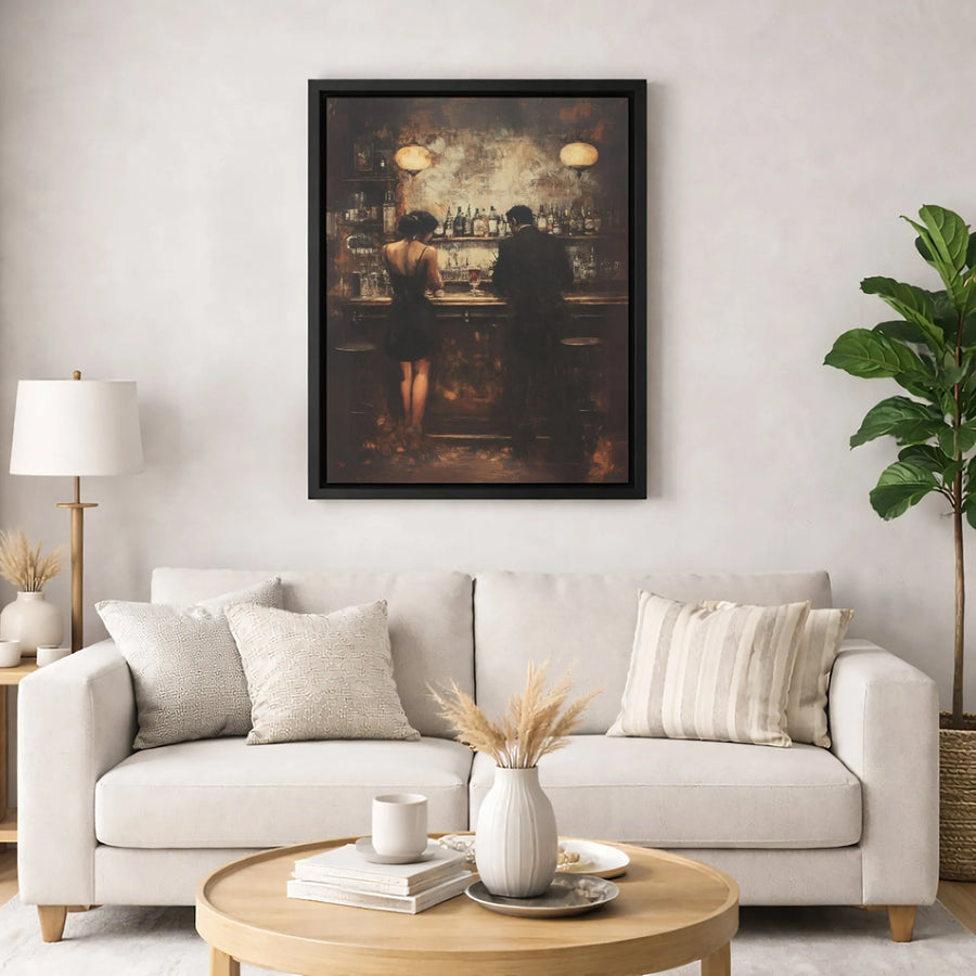 Couple At The Bar Canvas Art | Moody Impressionist Oil Painting Style | 1.25 Inch Gallery Wrap Premium Print | Romantic Home Decor Gift