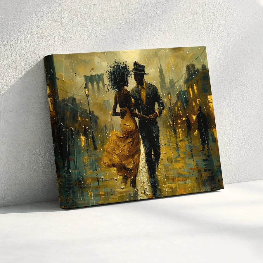 Black Couple Dancing in the Rain Canvas | Romantic Cityscape Wall Art | Premium Gallery-Wrapped Print | Anniversary Gift for Couple