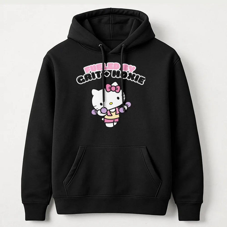 Cute Cat Workout Hoodie | Fueled by Grit + Moxie Graphic | Premium Unisex Crewneck | Gift for Gym Lover
