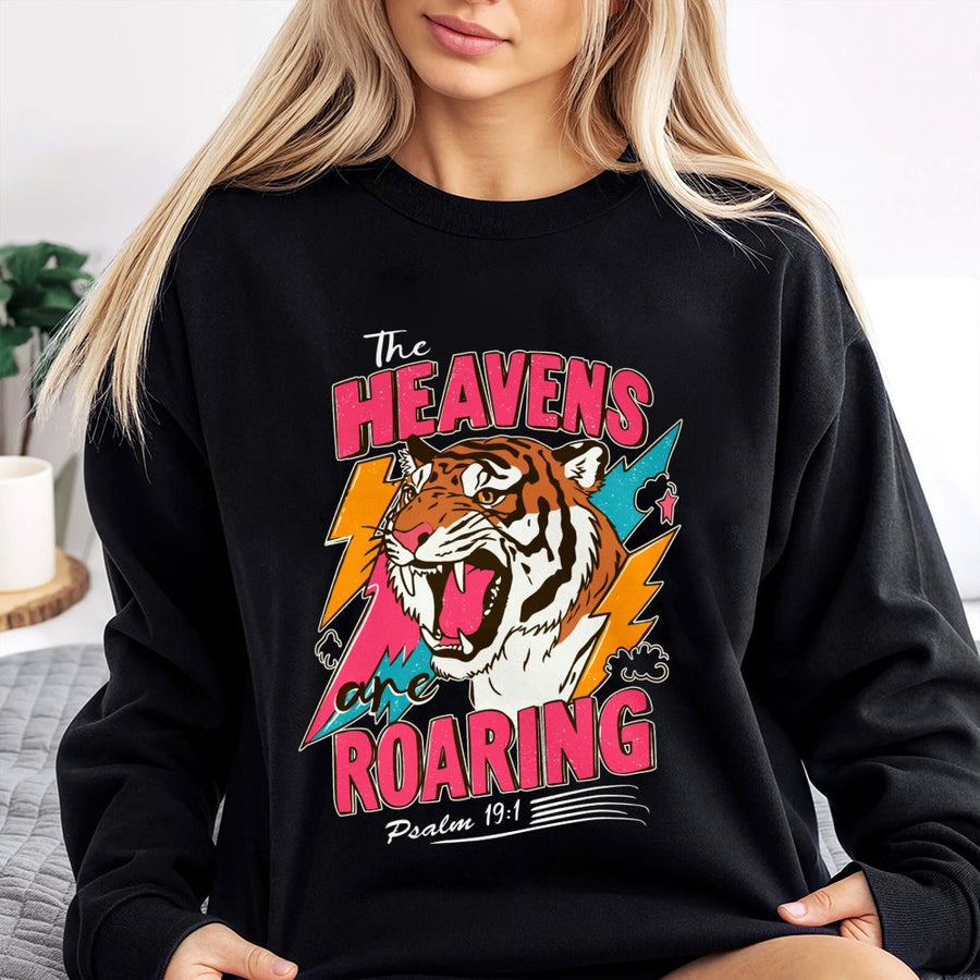 The Heavens Are Roaring Sweatshirt | Psalm 19:1 Bible Verse Graphic | Premium Cotton Blend Crewneck | Religious Christian Faith Gift