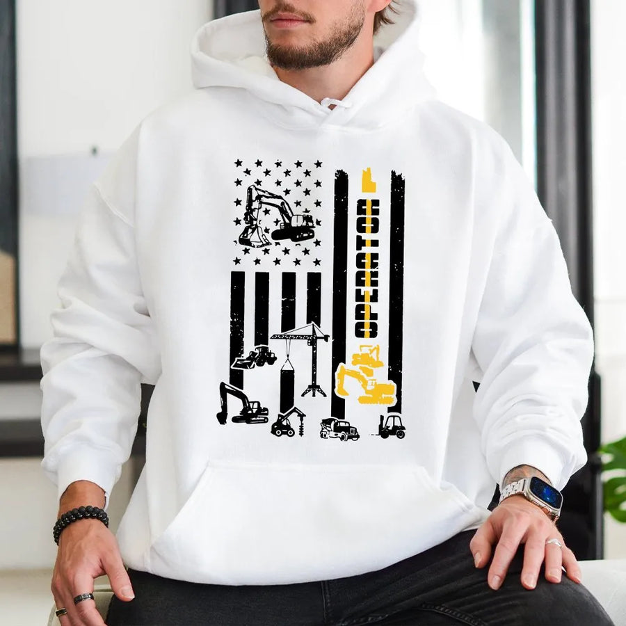 Heavy Equipment Operator Hoodie | American Flag Construction Graphic | Premium Cotton Blend | Gift for Construction Worker