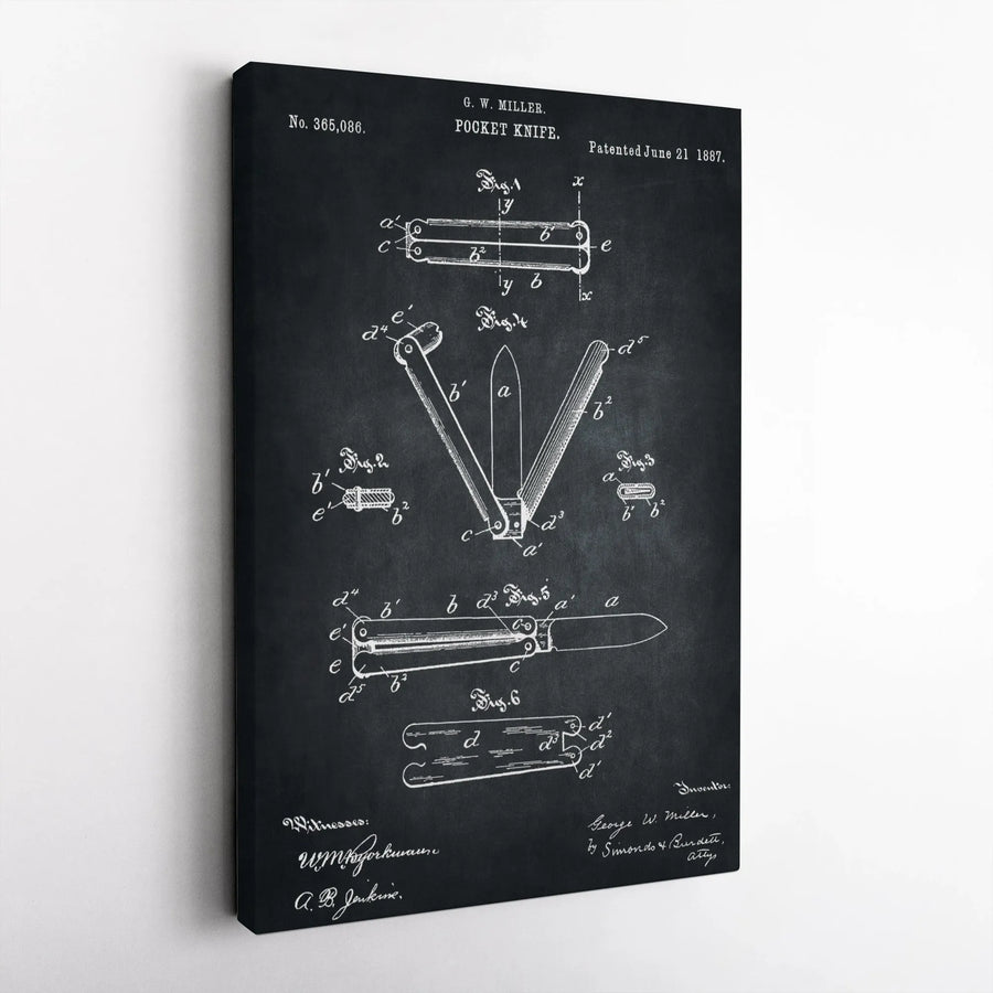 Pocket Knife Patent Wall Art | 1887 Industrial Blueprint Diagram | Premium Gallery Wrapped Canvas | Vintage Man Cave Decor Gift