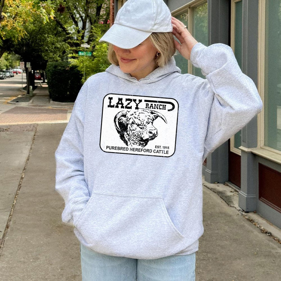 Lazy Ranch Hoodie | Vintage Hereford Cattle Graphic | Premium Cotton Blend | Unisex Western Wear Gift for Farmers and Ranchers