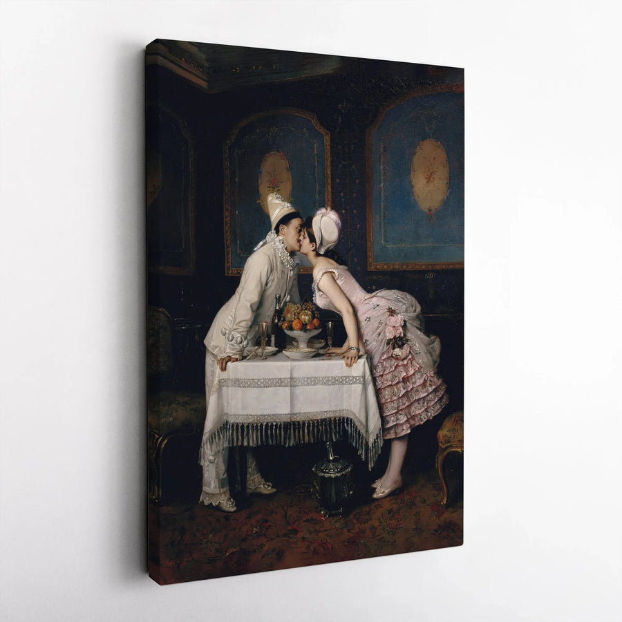 The Kiss Pierrot and Columbine Canvas Art | Romantic Vintage Oil Painting Reproduction | Premium Gallery Wrap Wall Decor | Anniversary Gift for Couples