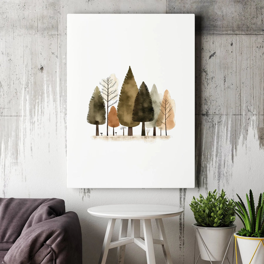 Minimalist Forest Wall Art | Watercolor Earth Tone Trees | Premium 1.25-Inch Gallery Canvas | Nature Inspired Home Decor Gift
