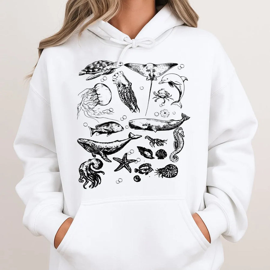 Marine Life Hoodie | Vintage Nautical Ocean Animal Illustration | Cotton-Polyester Blend | Gift for Marine Biologist & Ocean Lovers