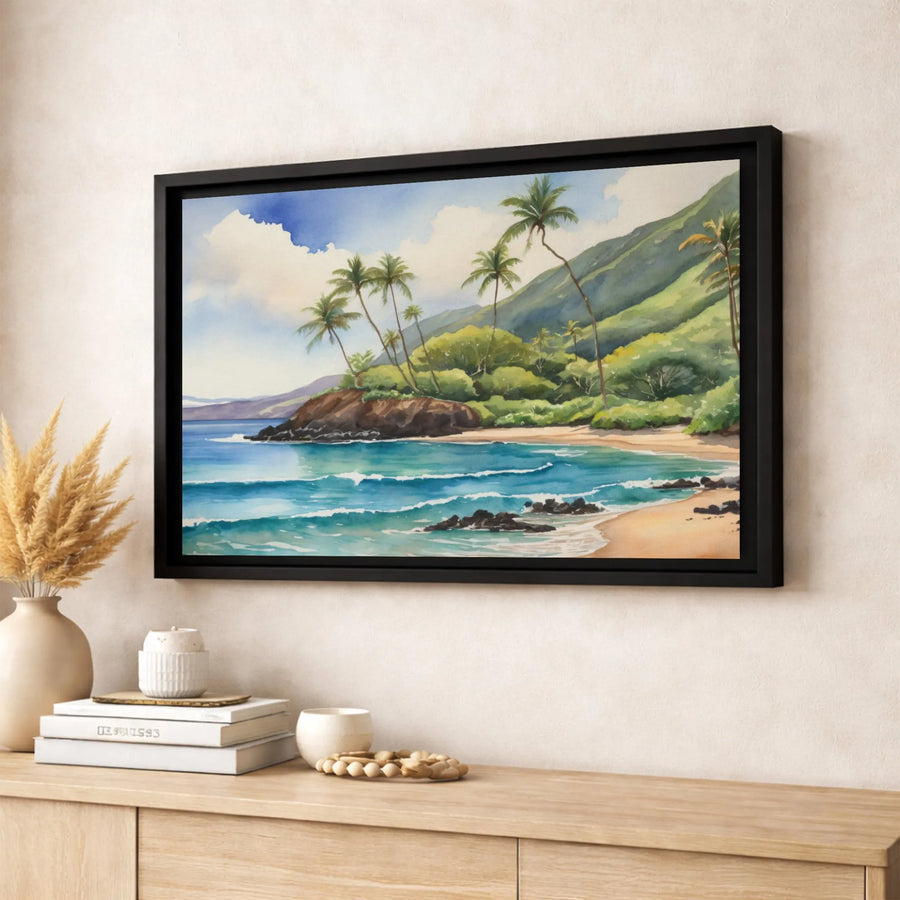 Tropical Beach Canvas Wall Art | Watercolor Palm Tree Ocean Landscape | Premium Gallery Wrapped Print | Coastal Home Decor Gift