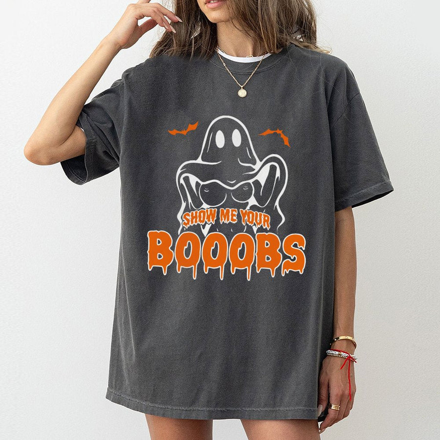 Funny Halloween Ghost T-Shirt | Show Me Your Booobs Graphic Tee | Premium Cotton Unisex Shirt | Witty Spooky Party Gift for Adults