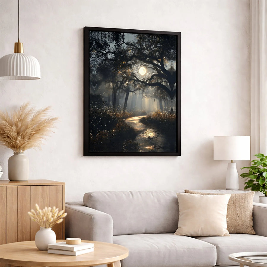 Enchanted Forest Canvas Wall Art | Moonlight Firefly Path Print | 1.25 inch Gallery Wrap | Dreamy Landscape Home Decor Gift