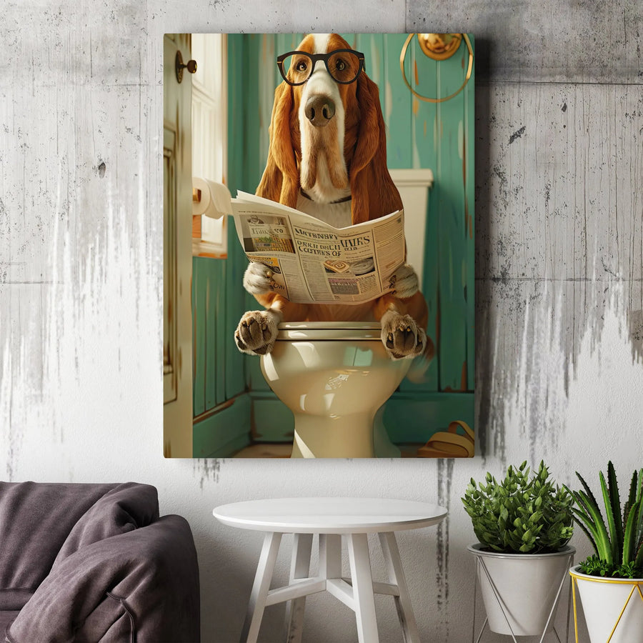 Basset Hound Wall Art | Funny Dog Reading Newspaper On Toilet | Premium Gallery Canvas | Humorous Bathroom Decor Gift