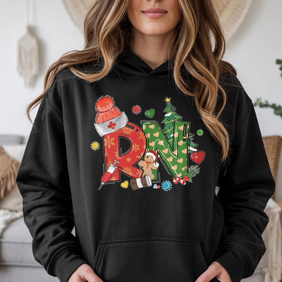 Christmas RN Nurse Hoodie | Holiday Registered Nurse Graphic Sweatshirt | Premium Cotton-Poly Blend | Gift for Nursing Students & Medical Professionals