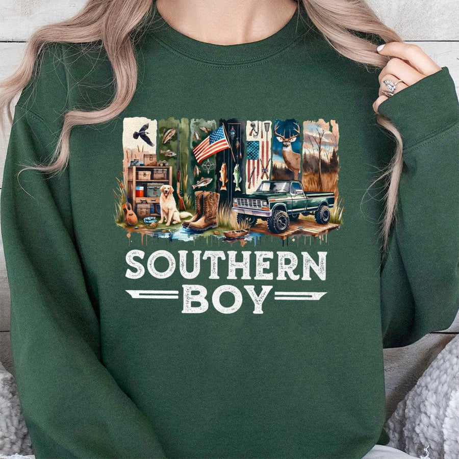 Southern Boy Hunting Sweatshirt | Retro Outdoors Graphic Print | Premium Cotton Blend | Gift for Deer Hunters and Truck Lovers