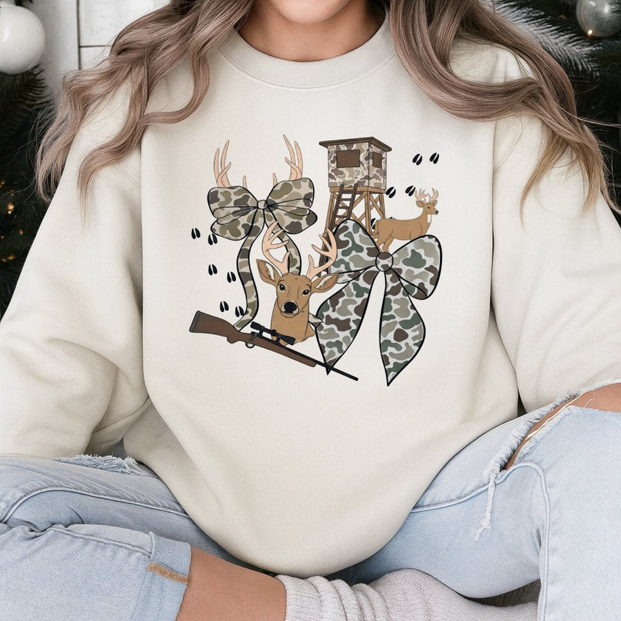 Hunting Season Sweatshirt | Deer Camo Bow Design | Premium Cotton Blend Crewneck | Outdoor Gift for Hunters and Women
