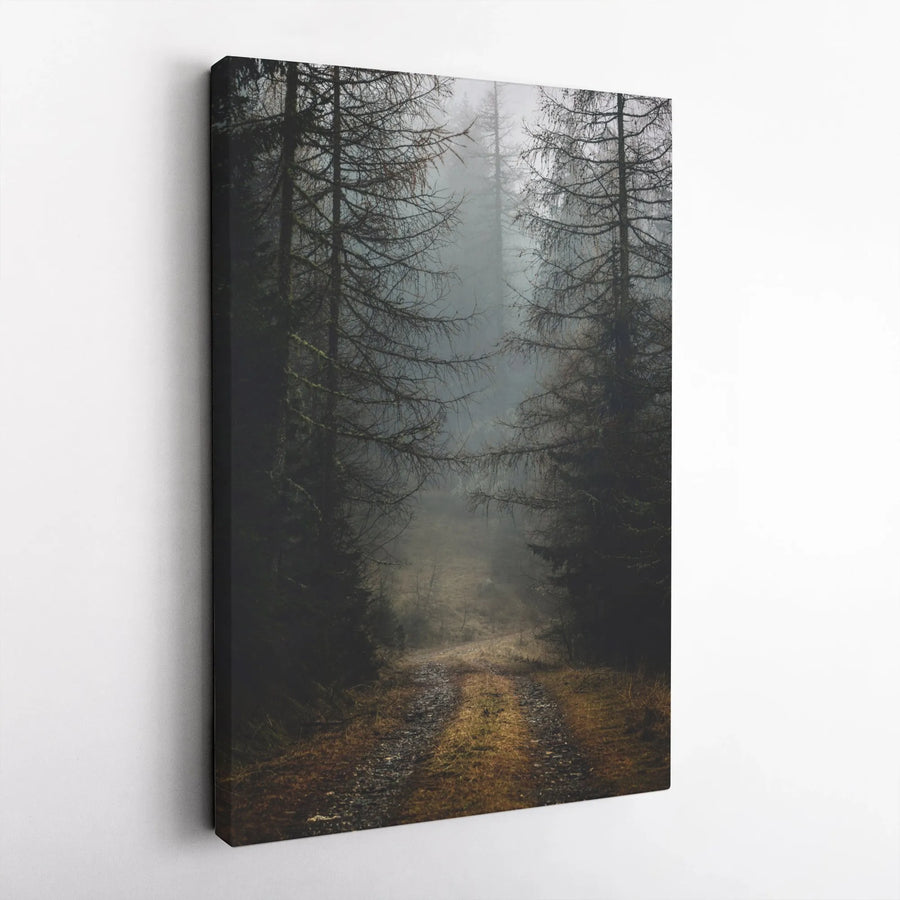 Misty Forest Path Canvas Wall Art | Dark Moody Woodland Landscape | Premium Gallery Wrapped Print | Nature Home Decor Gift For Nature Lovers