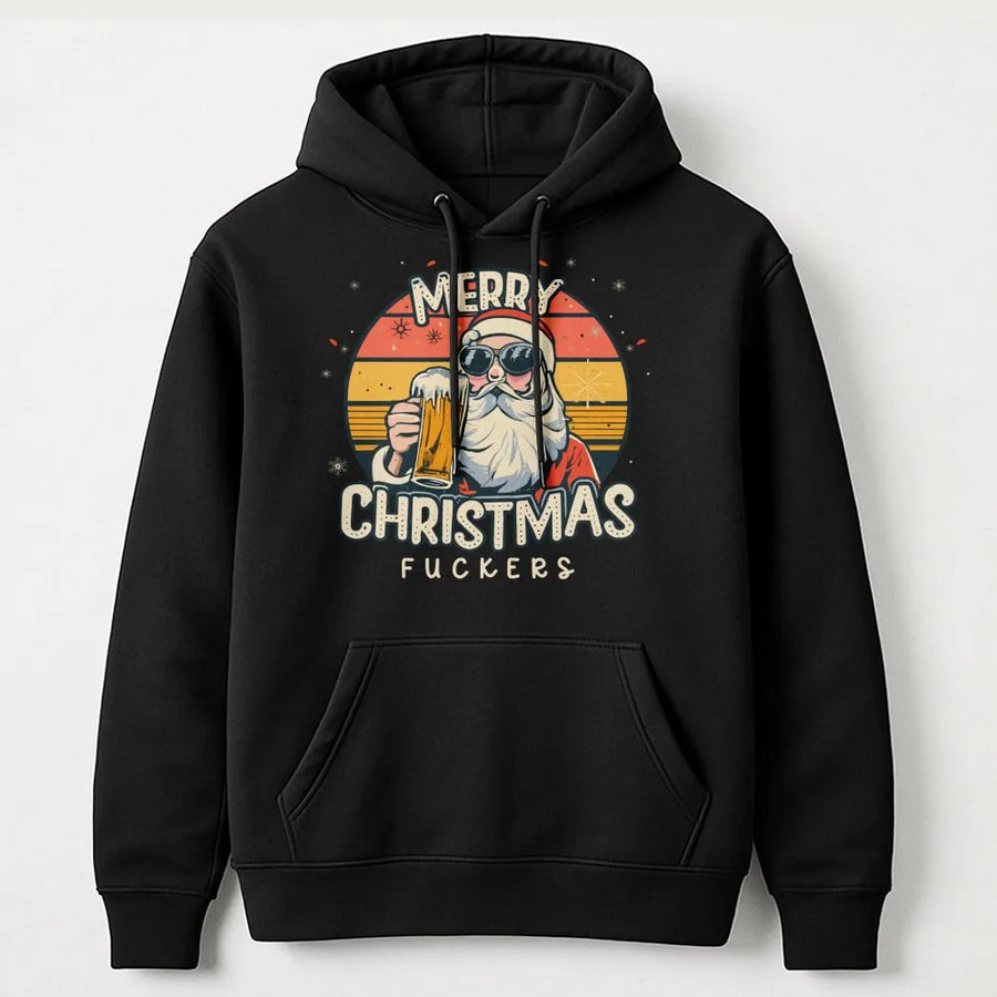 Funny Santa Hoodie | Retro Beer Drinking Santa Graphic | Premium Unisex Fleece Pullover | Offensive Sarcastic Christmas Gift For Adults