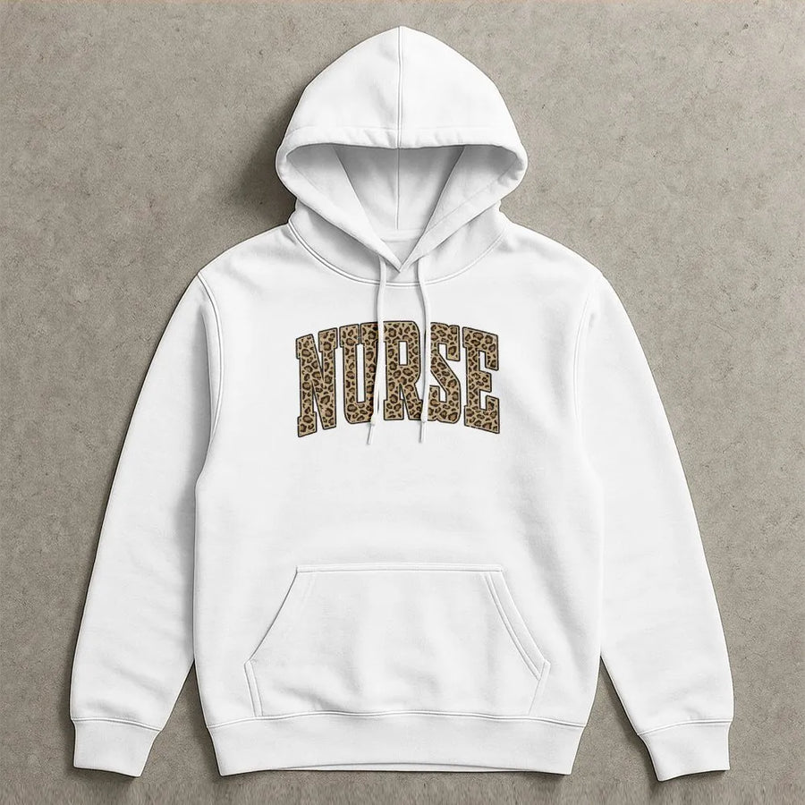 Leopard Print Nurse Hoodie | Collegiate Varsity Lettering | Premium Crewneck | Gift for RN, Registered Nurse, or Nursing School Student