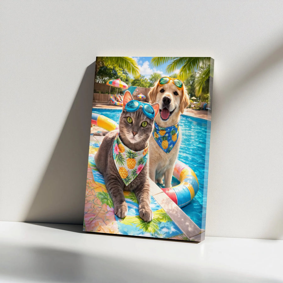 Funny Cat and Dog Canvas Print | Summer Pool Party Pets with Sunglasses | Premium Gallery Canvas | Humorous Home Decor Gift for Pet Lovers