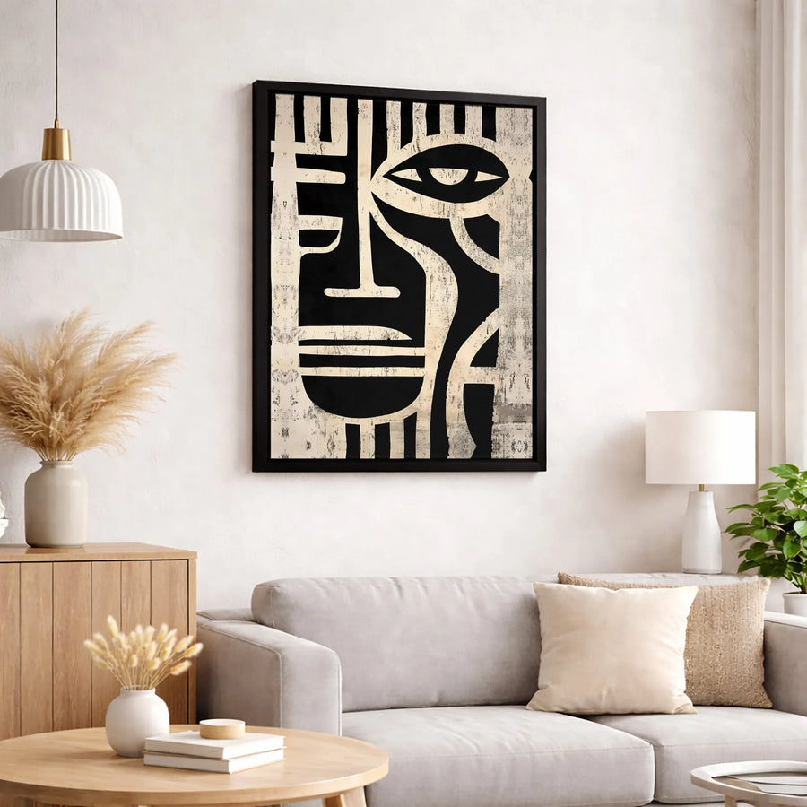 Abstract Tribal Face Canvas Wall Art | Minimalist Black and White Mask Decor | Premium Gallery-Wrapped Print | Modern Home Office Gift