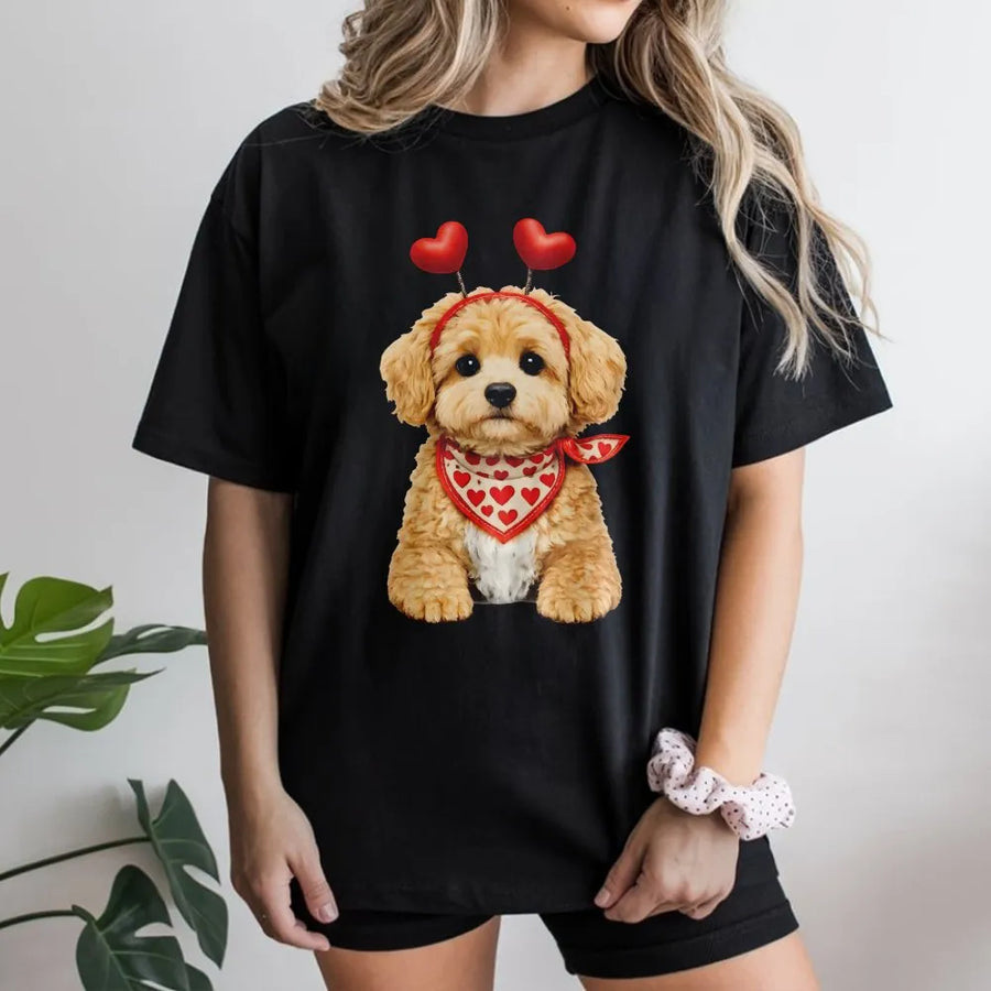 Valentine Dog T-Shirt | Cute Puppy Heart Headband Graphic | 100% Premium Cotton Tee | Romantic Gift for Dog Lovers