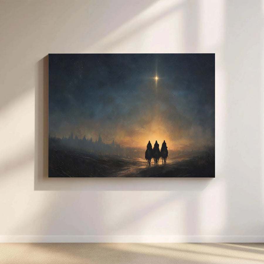 Nativity Scene Canvas Wall Art | Three Wise Men Following Star | Premium Gallery Wrap Print | Christian Religious Home Decor Gift