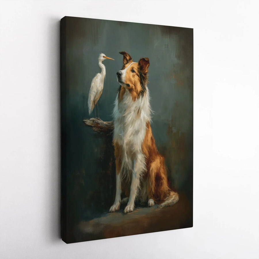 Collie Dog and White Egret Canvas Art | Moody Oil Painting Style | Premium Gallery Wrap Wall Decor | Nature-Inspired Home Gift for Dog Lovers