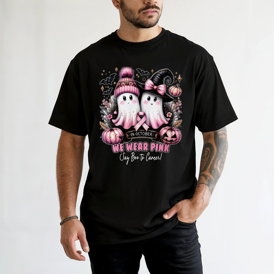 In October We Wear Pink T-Shirt | Cute Halloween Ghost Breast Cancer Awareness Graphic | 100% Cotton Premium Tee | Supportive Gift for Survivors