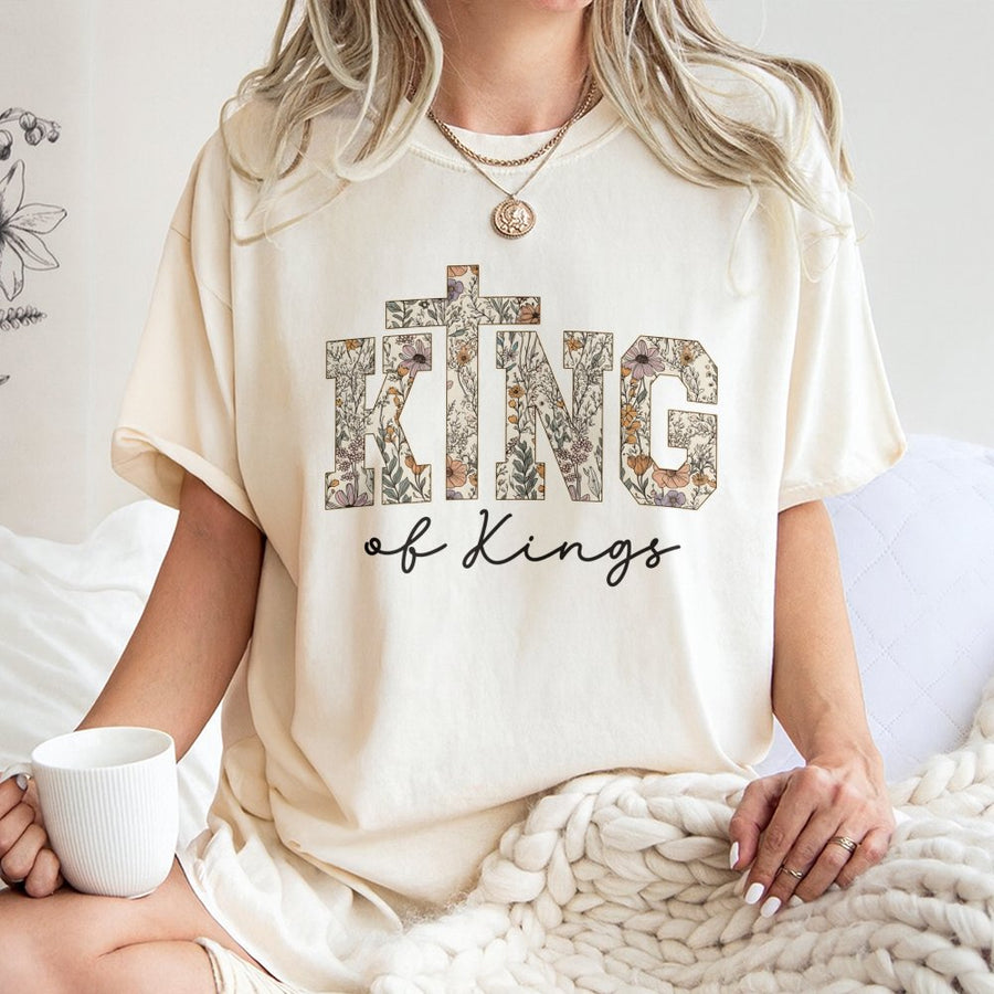 King of Kings T-Shirt | Floral Cross Christian Graphic Design | Premium Cotton Religious Apparel | Faith-Based Inspirational Gift for Believers