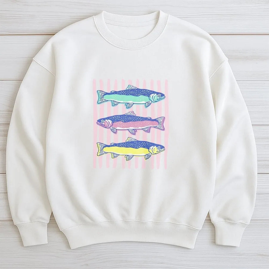 Striped Trout Sweatshirt | Preppy Fishing Crewneck with Colorful Fish Graphic | Cozy Cotton Blend | Trendy Angler Gift for Her