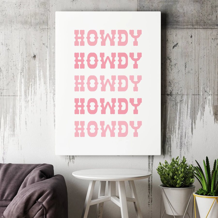 Howdy Wall Art Canvas | Pink Western Typography Decor | Premium Gallery Wrap Print | Aesthetic Cowboy Room Decor for Bedroom or Living Room