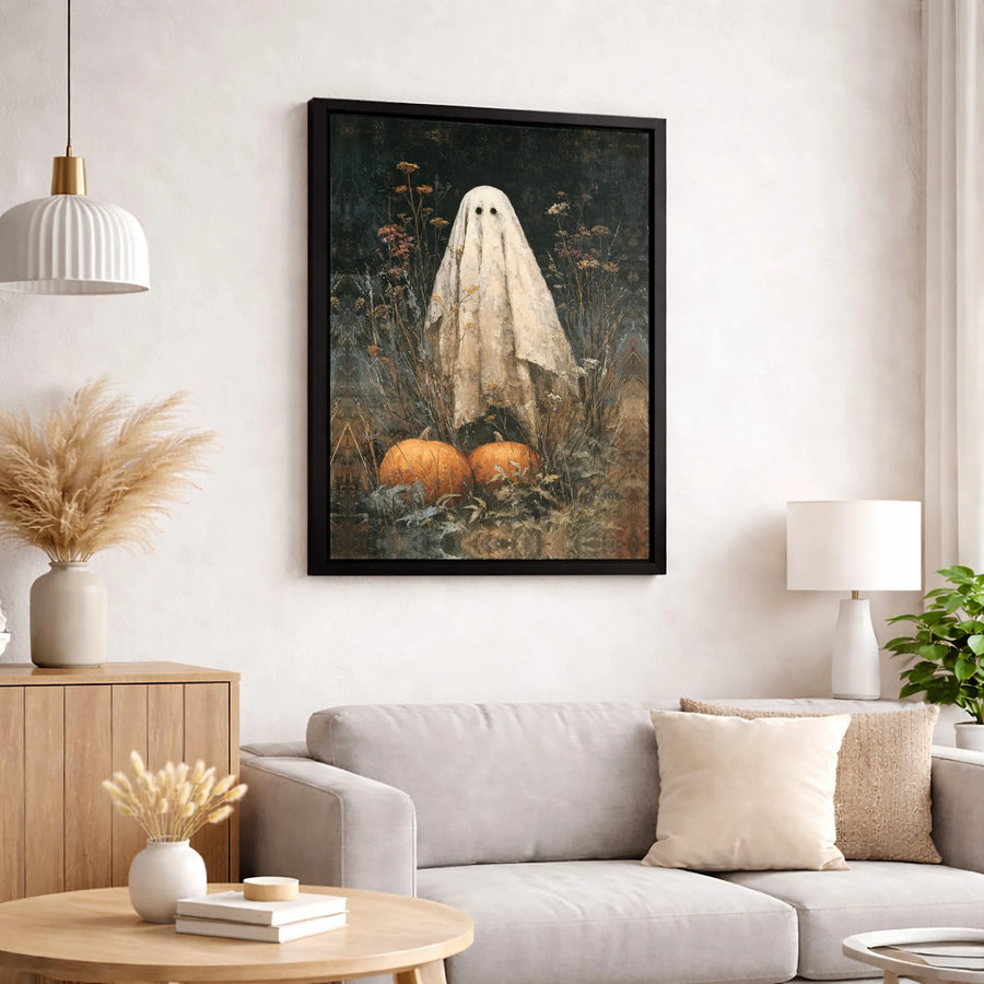 Vintage Halloween Ghost Canvas Wall Art | Spooky Wildflower Meadow with Pumpkins | Premium Gallery-Wrapped Print | Haunted Aesthetic Home Decor Gift